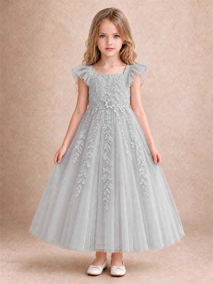 Girls Lace Tulle Flower Girl Dress Square Neck Ruffle Sleeve Princess Gown for Wedding First Communion