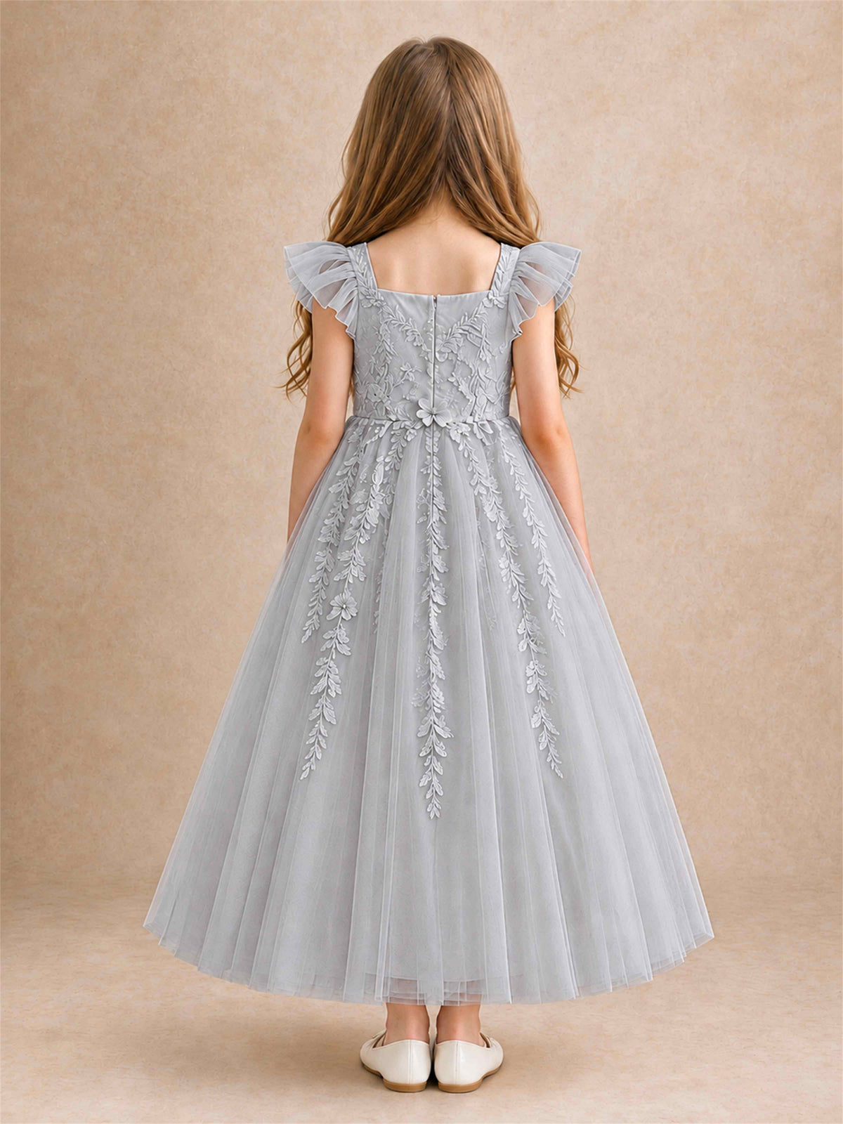 Girls Lace Tulle Flower Girl Dress Square Neck Ruffle Sleeve Princess Gown for Wedding First Communion