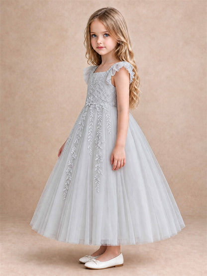 Girls Lace Tulle Flower Girl Dress Square Neck Ruffle Sleeve Princess Gown for Wedding First Communion