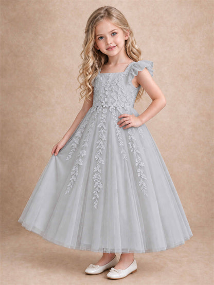Girls Lace Tulle Flower Girl Dress Square Neck Ruffle Sleeve Princess Gown for Wedding First Communion