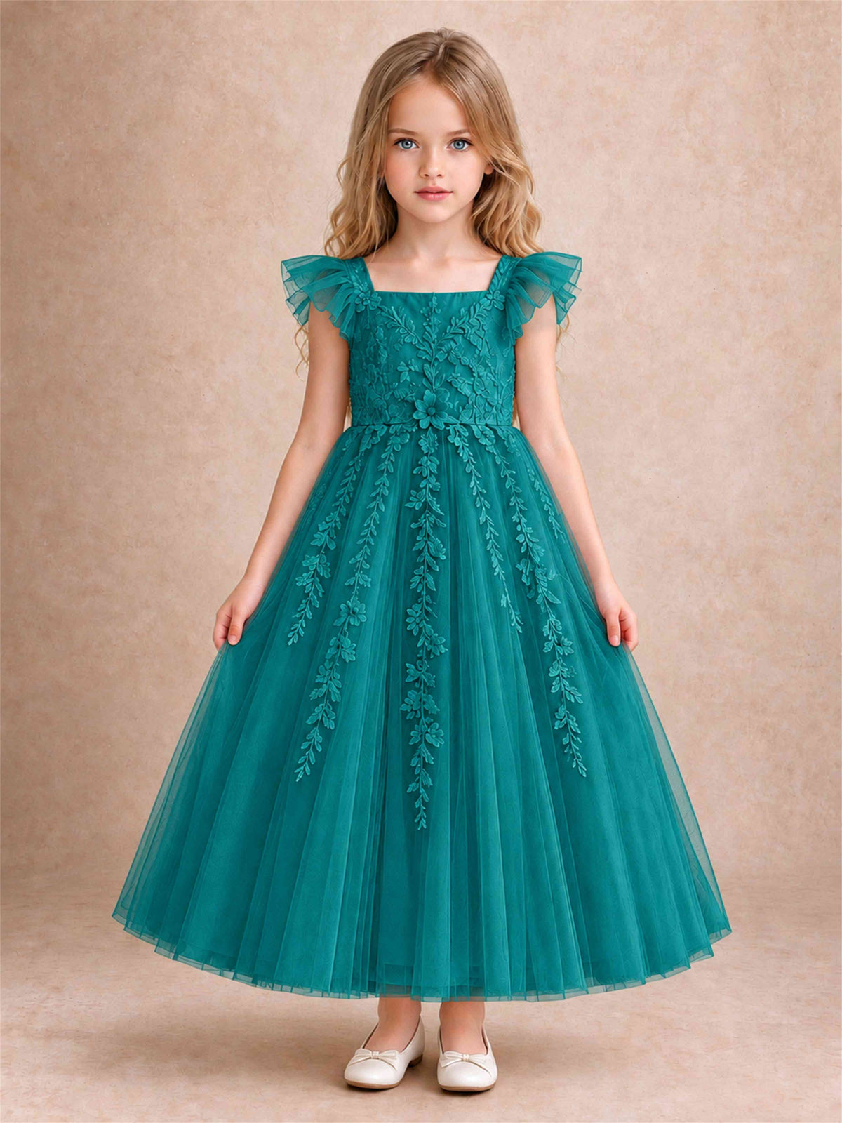 Girls Lace Tulle Flower Girl Dress Square Neck Ruffle Sleeve Princess Gown for Wedding First Communion