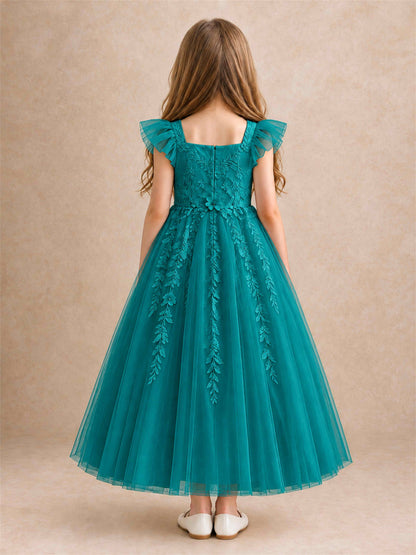 Girls Lace Tulle Flower Girl Dress Square Neck Ruffle Sleeve Princess Gown for Wedding First Communion