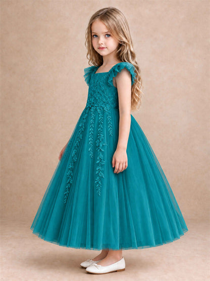 Girls Lace Tulle Flower Girl Dress Square Neck Ruffle Sleeve Princess Gown for Wedding First Communion