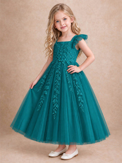 Girls Lace Tulle Flower Girl Dress Square Neck Ruffle Sleeve Princess Gown for Wedding First Communion