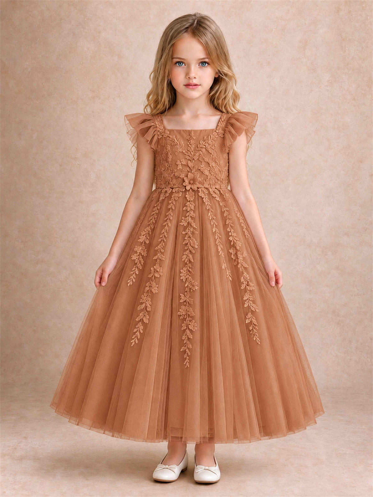 Girls Lace Tulle Flower Girl Dress Square Neck Ruffle Sleeve Princess Gown for Wedding First Communion