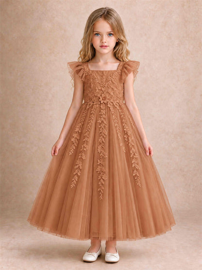 Girls Lace Tulle Flower Girl Dress Square Neck Ruffle Sleeve Princess Gown for Wedding First Communion