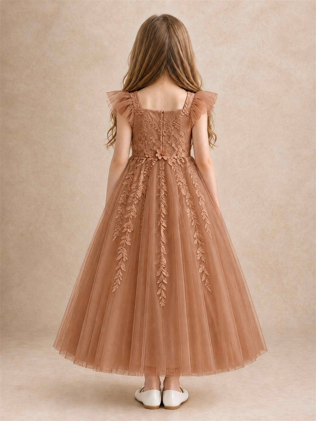 Girls Lace Tulle Flower Girl Dress Square Neck Ruffle Sleeve Princess Gown for Wedding First Communion