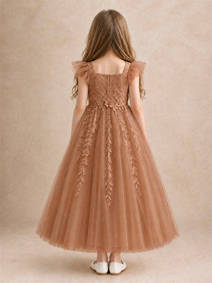Girls Lace Tulle Flower Girl Dress Square Neck Ruffle Sleeve Princess Gown for Wedding First Communion