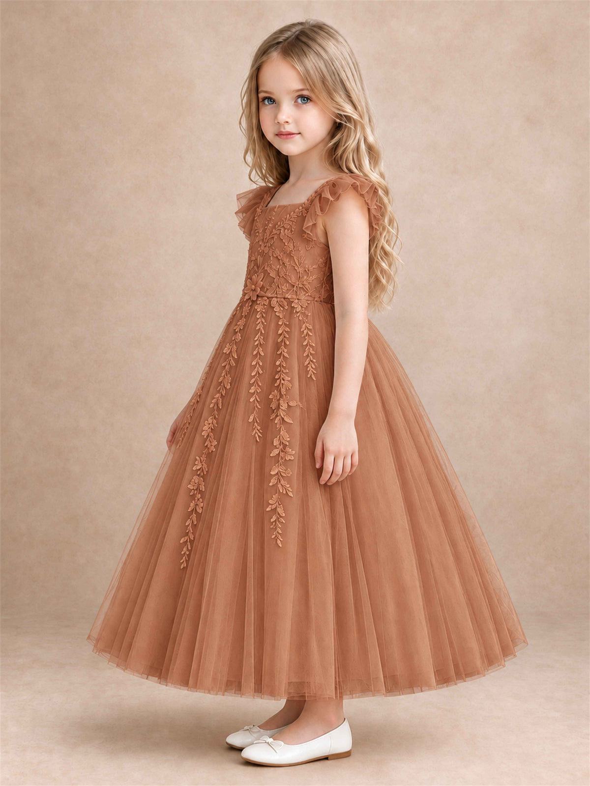 Girls Lace Tulle Flower Girl Dress Square Neck Ruffle Sleeve Princess Gown for Wedding First Communion