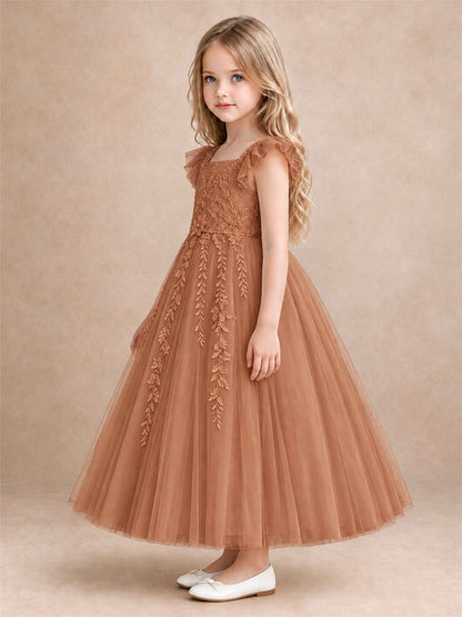 Girls Lace Tulle Flower Girl Dress Square Neck Ruffle Sleeve Princess Gown for Wedding First Communion