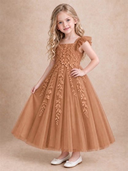 Girls Lace Tulle Flower Girl Dress Square Neck Ruffle Sleeve Princess Gown for Wedding First Communion