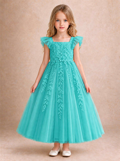 Girls Lace Tulle Flower Girl Dress Square Neck Ruffle Sleeve Princess Gown for Wedding First Communion
