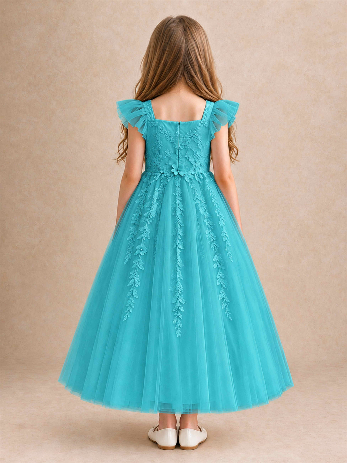 Girls Lace Tulle Flower Girl Dress Square Neck Ruffle Sleeve Princess Gown for Wedding First Communion