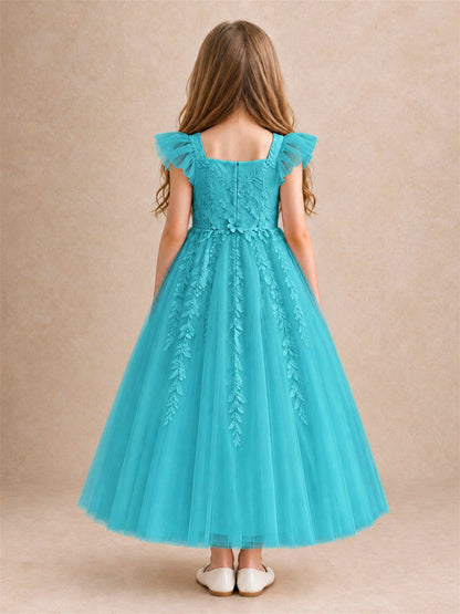 Girls Lace Tulle Flower Girl Dress Square Neck Ruffle Sleeve Princess Gown for Wedding First Communion