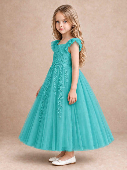Girls Lace Tulle Flower Girl Dress Square Neck Ruffle Sleeve Princess Gown for Wedding First Communion