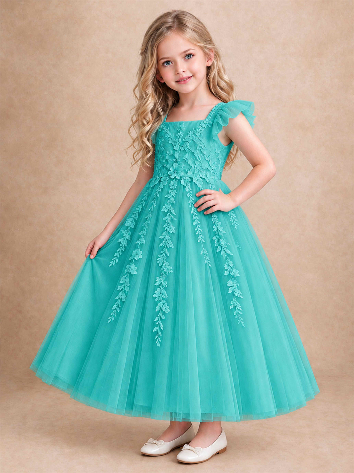 Girls Lace Tulle Flower Girl Dress Square Neck Ruffle Sleeve Princess Gown for Wedding First Communion