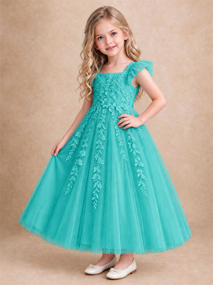 Girls Lace Tulle Flower Girl Dress Square Neck Ruffle Sleeve Princess Gown for Wedding First Communion