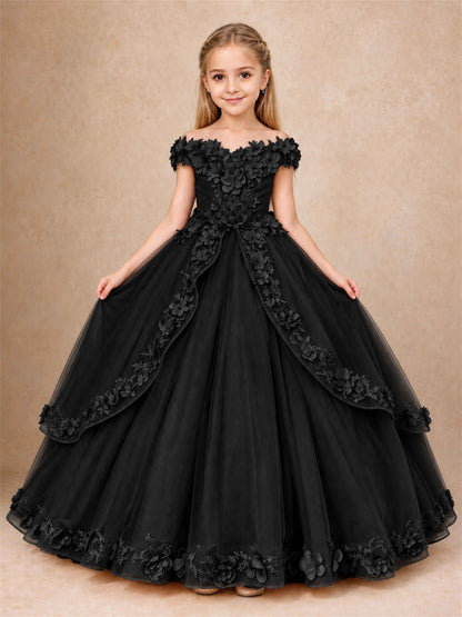 Girls Pageant Dresses Off Shoulder 3D Floral Tulle Long Ball Gown for Wedding Flower Girl