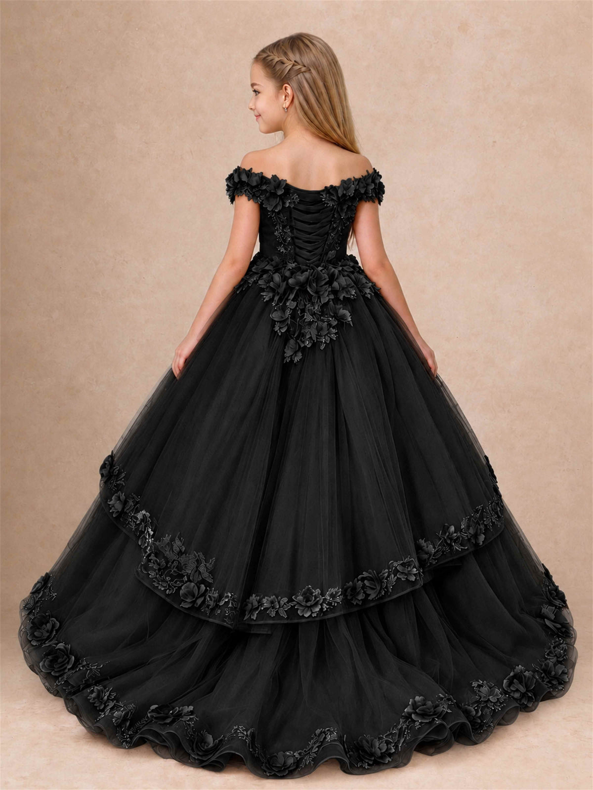 Girls Pageant Dresses Off Shoulder 3D Floral Tulle Long Ball Gown for Wedding Flower Girl