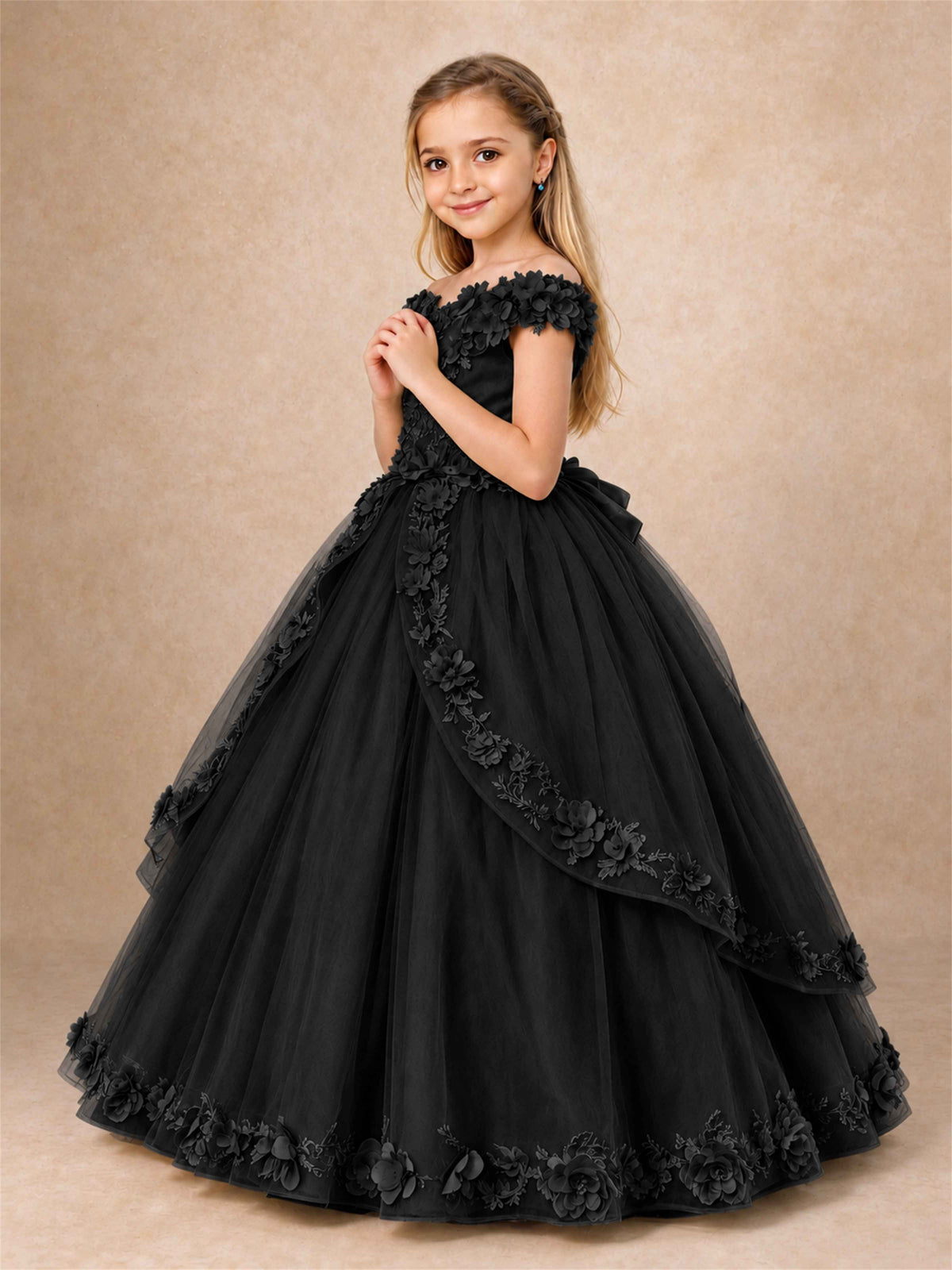 Girls Pageant Dresses Off Shoulder 3D Floral Tulle Long Ball Gown for Wedding Flower Girl