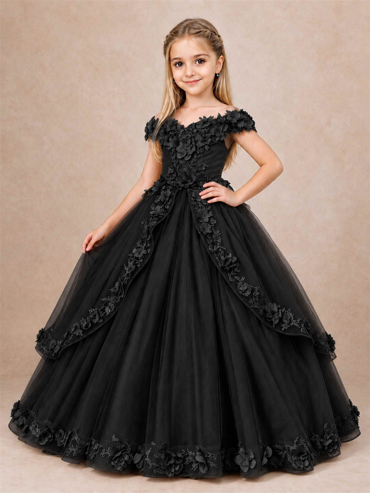 Girls Pageant Dresses Off Shoulder 3D Floral Tulle Long Ball Gown for Wedding Flower Girl