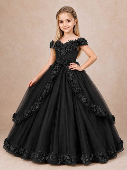 Girls Pageant Dresses Off Shoulder 3D Floral Tulle Long Ball Gown for Wedding Flower Girl