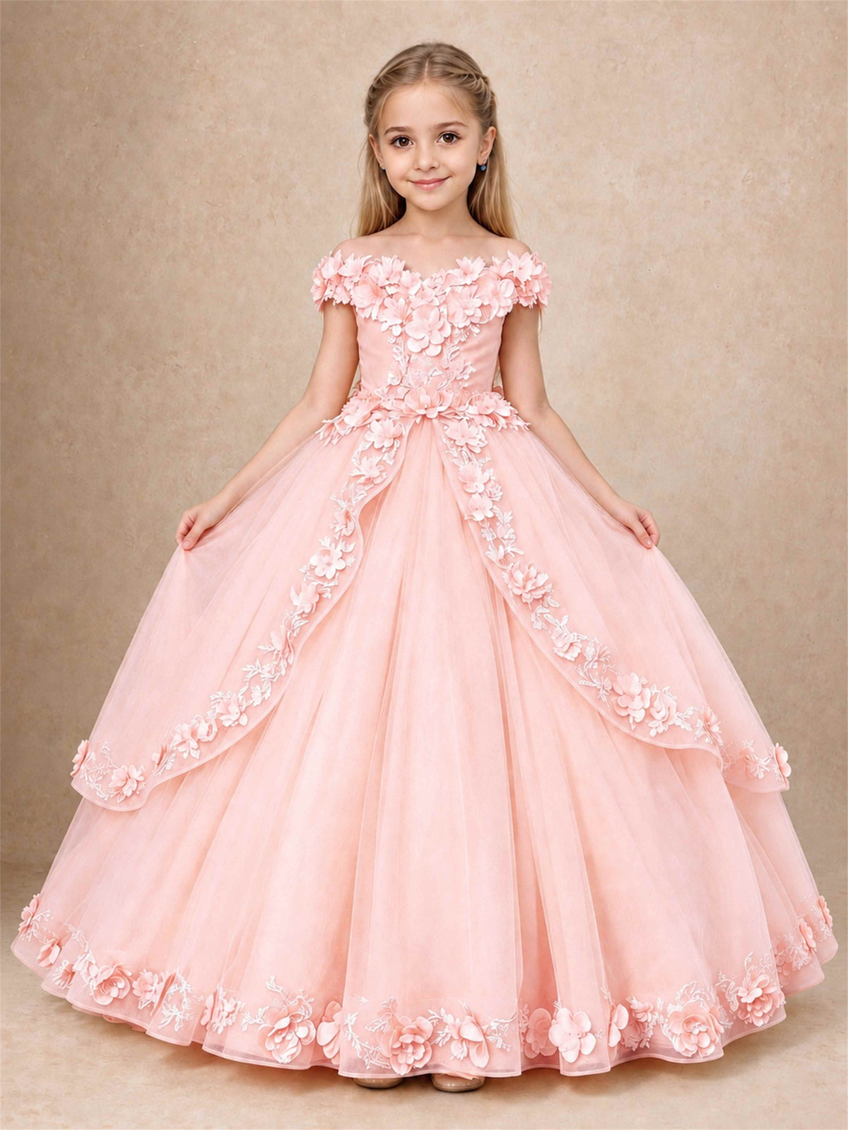 Girls Pageant Dresses Off Shoulder 3D Floral Tulle Long Ball Gown for Wedding Flower Girl