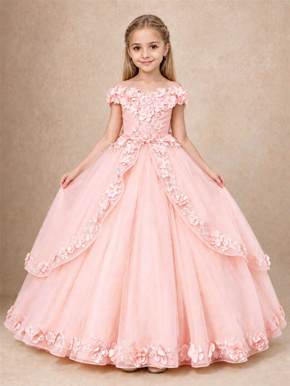 Girls Pageant Dresses Off Shoulder 3D Floral Tulle Long Ball Gown for Wedding Flower Girl
