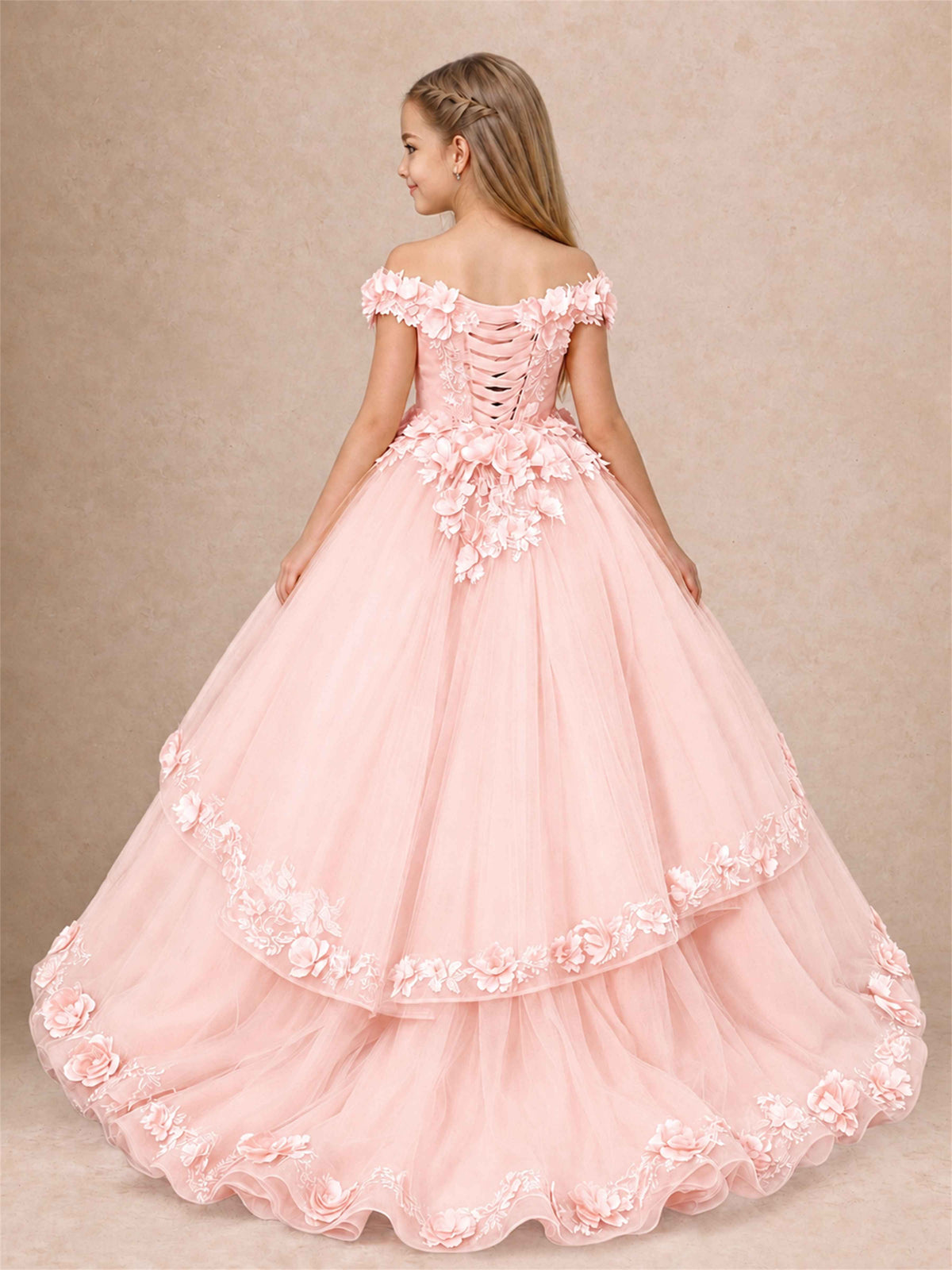 Girls Pageant Dresses Off Shoulder 3D Floral Tulle Long Ball Gown for Wedding Flower Girl