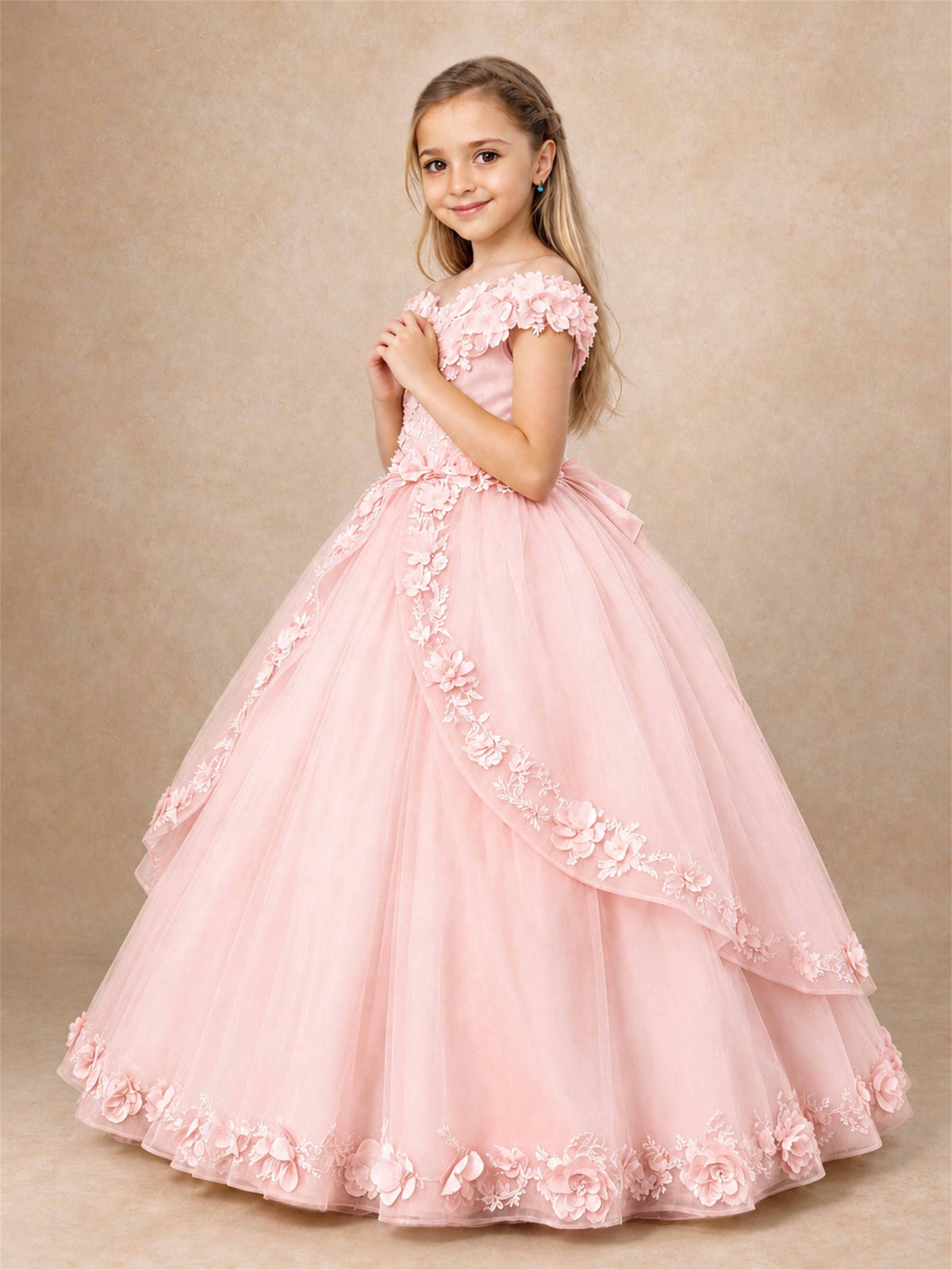 Girls Pageant Dresses Off Shoulder 3D Floral Tulle Long Ball Gown for Wedding Flower Girl
