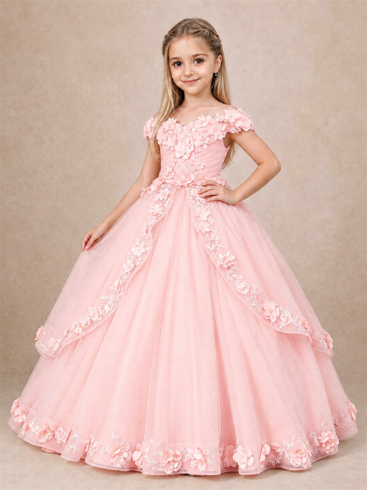 Girls Pageant Dresses Off Shoulder 3D Floral Tulle Long Ball Gown for Wedding Flower Girl