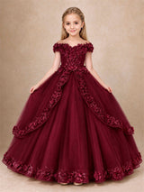 Girls Pageant Dresses Off Shoulder 3D Floral Tulle Long Ball Gown for Wedding Flower Girl