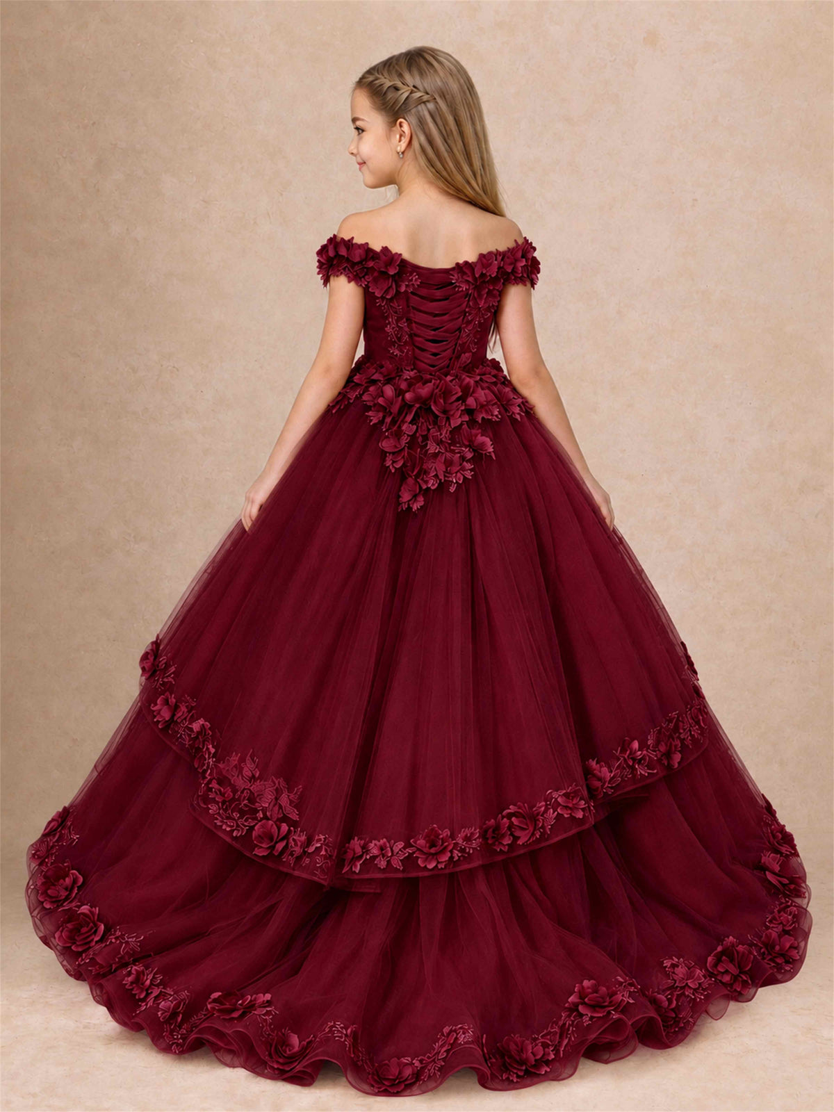 Girls Pageant Dresses Off Shoulder 3D Floral Tulle Long Ball Gown for Wedding Flower Girl