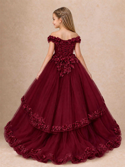 Girls Pageant Dresses Off Shoulder 3D Floral Tulle Long Ball Gown for Wedding Flower Girl