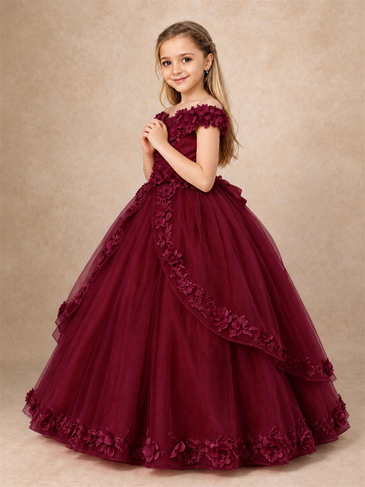 Girls Pageant Dresses Off Shoulder 3D Floral Tulle Long Ball Gown for Wedding Flower Girl