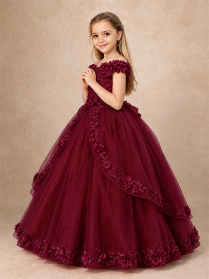 Girls Pageant Dresses Off Shoulder 3D Floral Tulle Long Ball Gown for Wedding Flower Girl