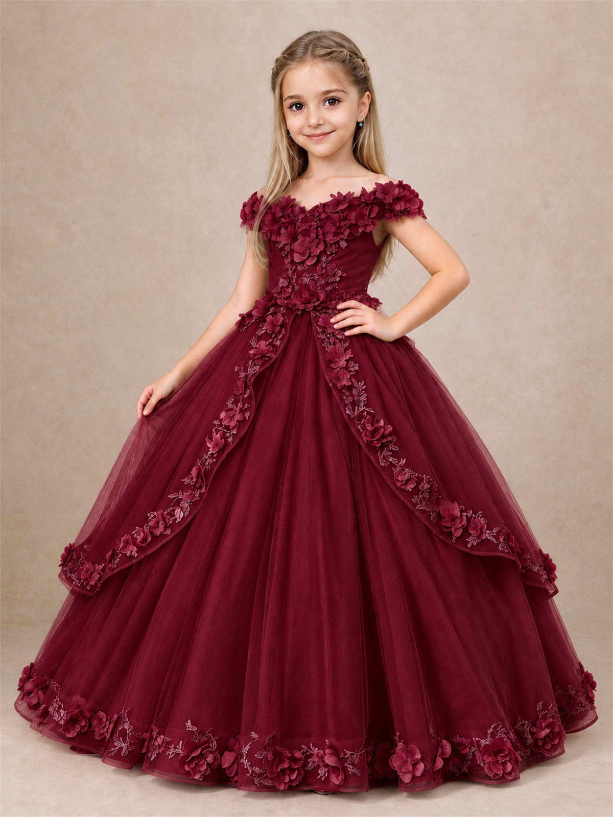 Girls Pageant Dresses Off Shoulder 3D Floral Tulle Long Ball Gown for Wedding Flower Girl