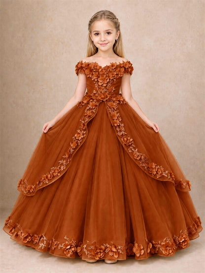 Girls Pageant Dresses Off Shoulder 3D Floral Tulle Long Ball Gown for Wedding Flower Girl