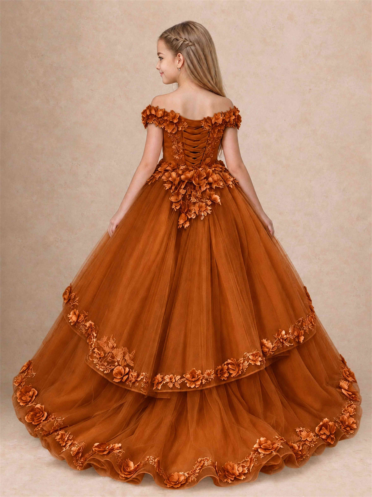 Girls Pageant Dresses Off Shoulder 3D Floral Tulle Long Ball Gown for Wedding Flower Girl