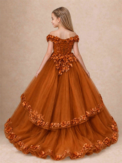Girls Pageant Dresses Off Shoulder 3D Floral Tulle Long Ball Gown for Wedding Flower Girl
