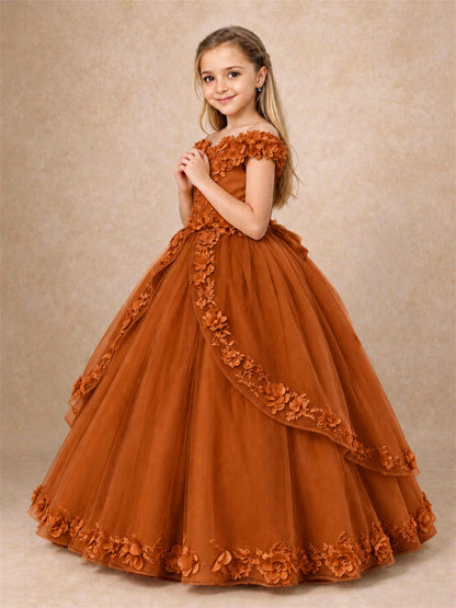 Girls Pageant Dresses Off Shoulder 3D Floral Tulle Long Ball Gown for Wedding Flower Girl
