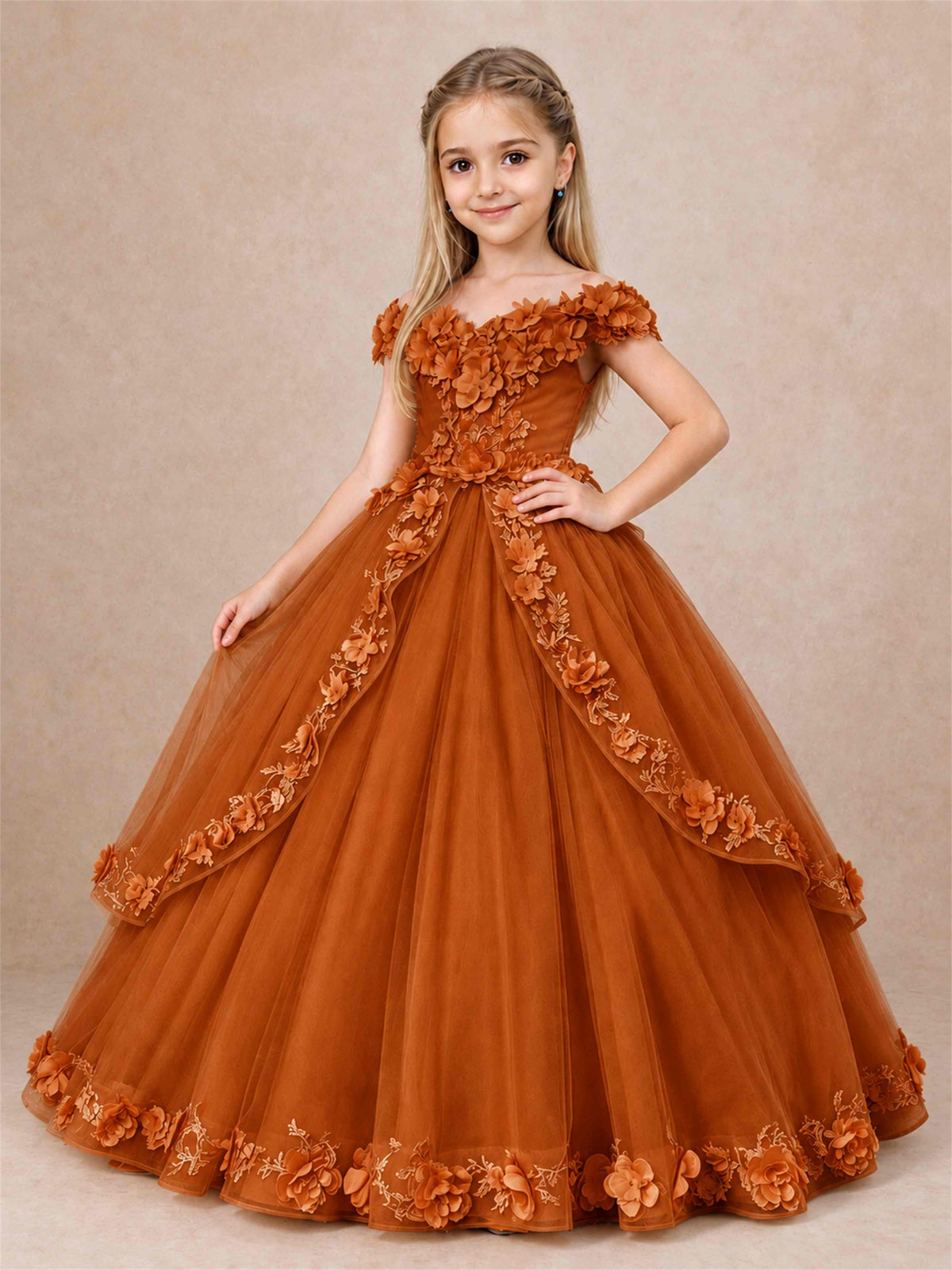 Girls Pageant Dresses Off Shoulder 3D Floral Tulle Long Ball Gown for Wedding Flower Girl
