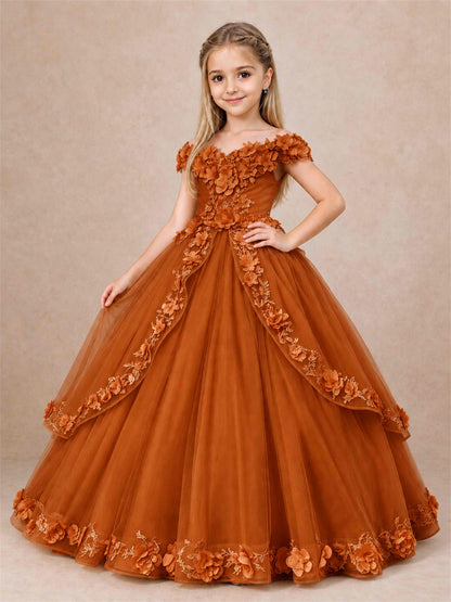 Girls Pageant Dresses Off Shoulder 3D Floral Tulle Long Ball Gown for Wedding Flower Girl