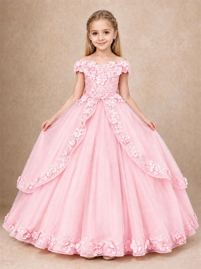 Girls Pageant Dresses Off Shoulder 3D Floral Tulle Long Ball Gown for Wedding Flower Girl
