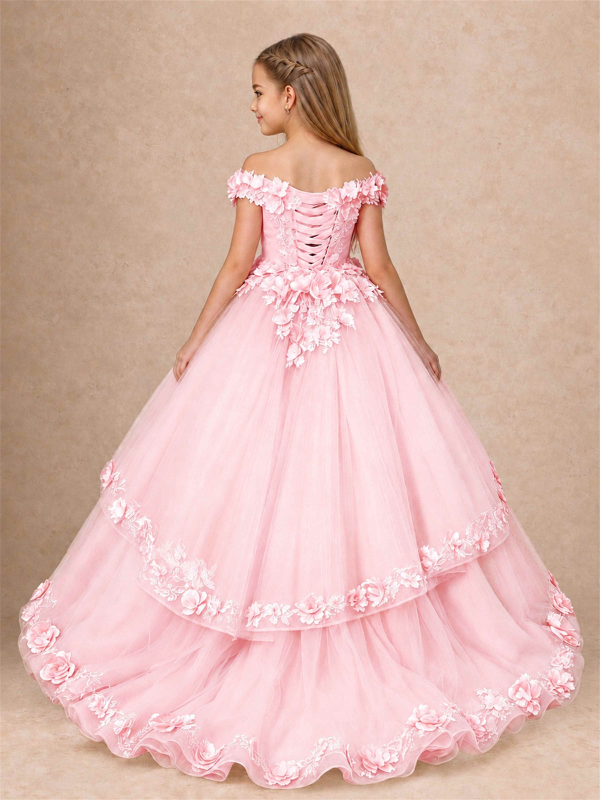 Girls Pageant Dresses Off Shoulder 3D Floral Tulle Long Ball Gown for Wedding Flower Girl