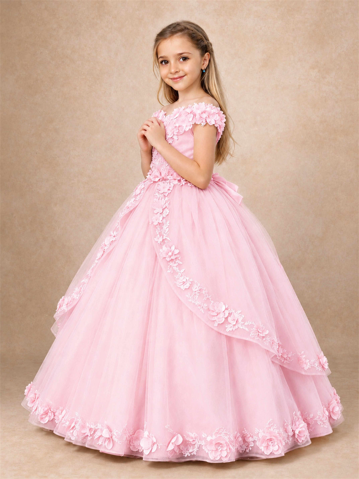 Girls Pageant Dresses Off Shoulder 3D Floral Tulle Long Ball Gown for Wedding Flower Girl