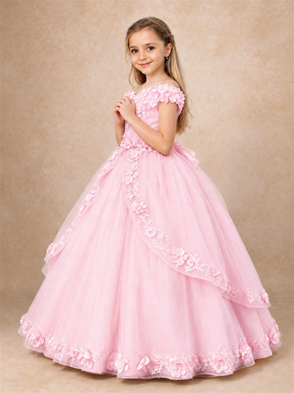 Girls Pageant Dresses Off Shoulder 3D Floral Tulle Long Ball Gown for Wedding Flower Girl
