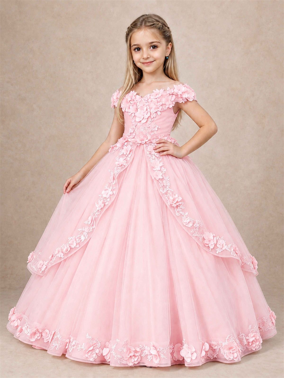 Girls Pageant Dresses Off Shoulder 3D Floral Tulle Long Ball Gown for Wedding Flower Girl