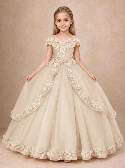 Girls Pageant Dresses Off Shoulder 3D Floral Tulle Long Ball Gown for Wedding Flower Girl
