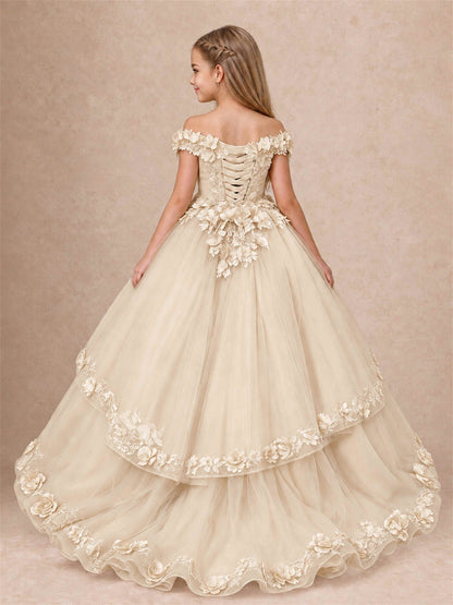Girls Pageant Dresses Off Shoulder 3D Floral Tulle Long Ball Gown for Wedding Flower Girl